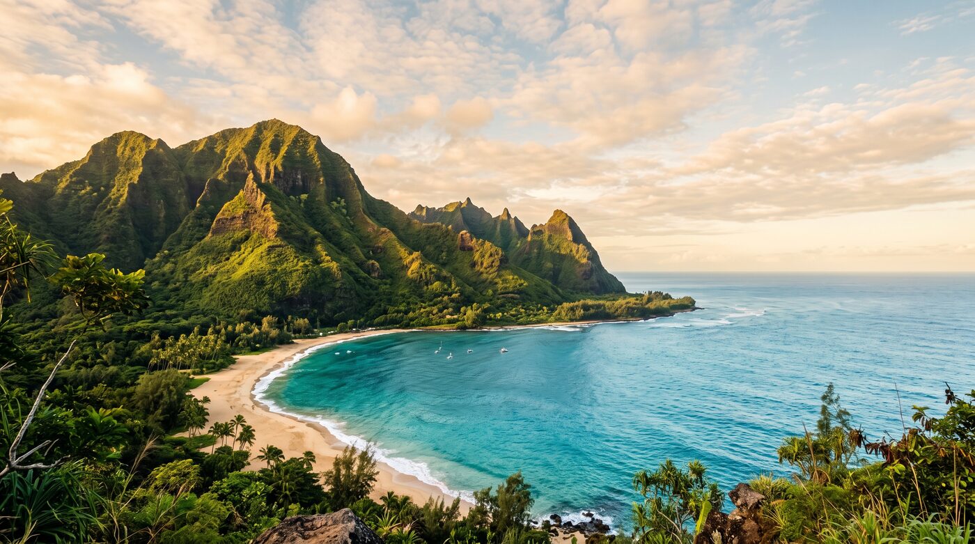 Lush Hawaiian coastline with green mountains and turquoise ocean